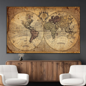 Vintage World Map Wall Art Canvas – Antique Style Push Pin