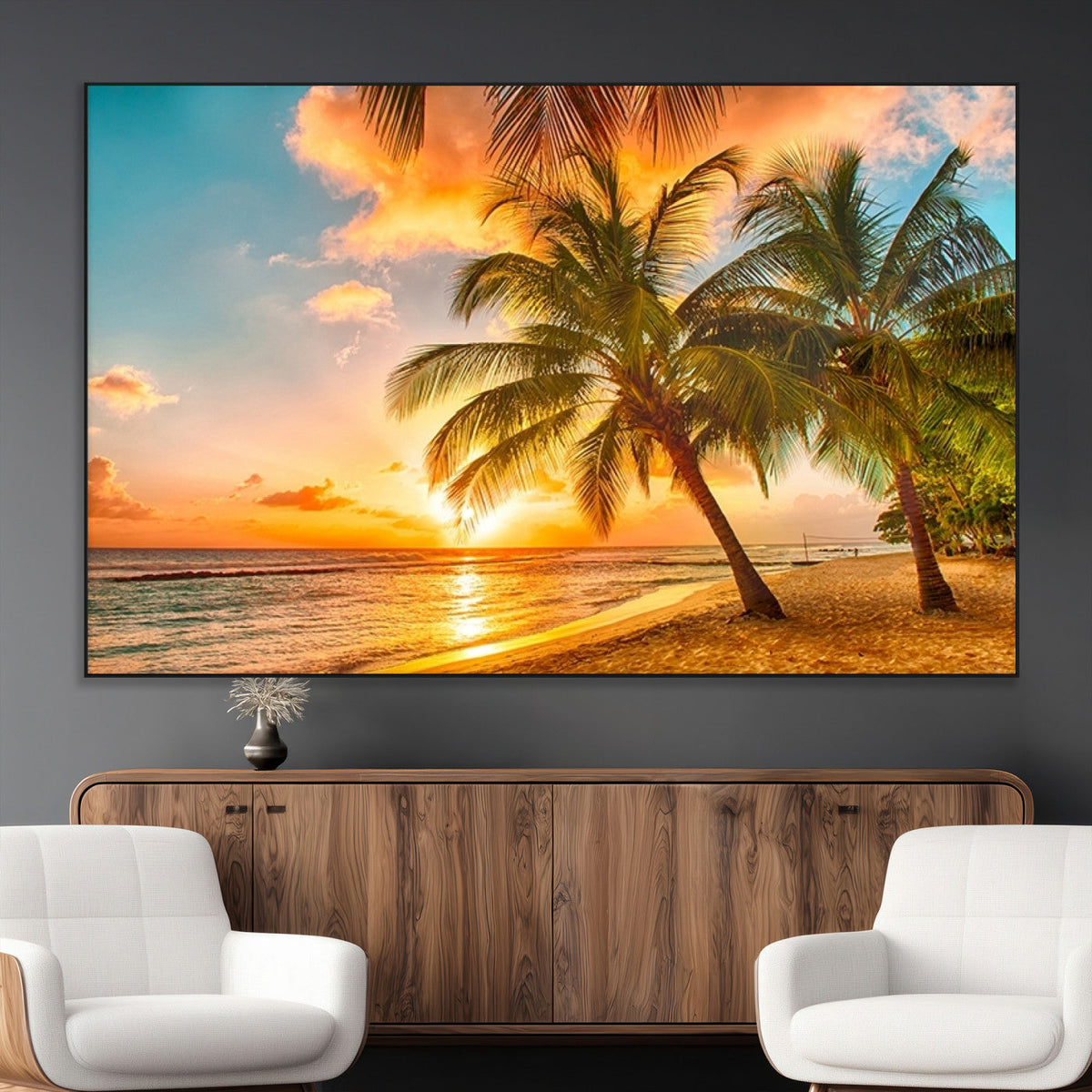 Tropical Sunset Beach Canvas Wall Art Print – Vibrant Palm