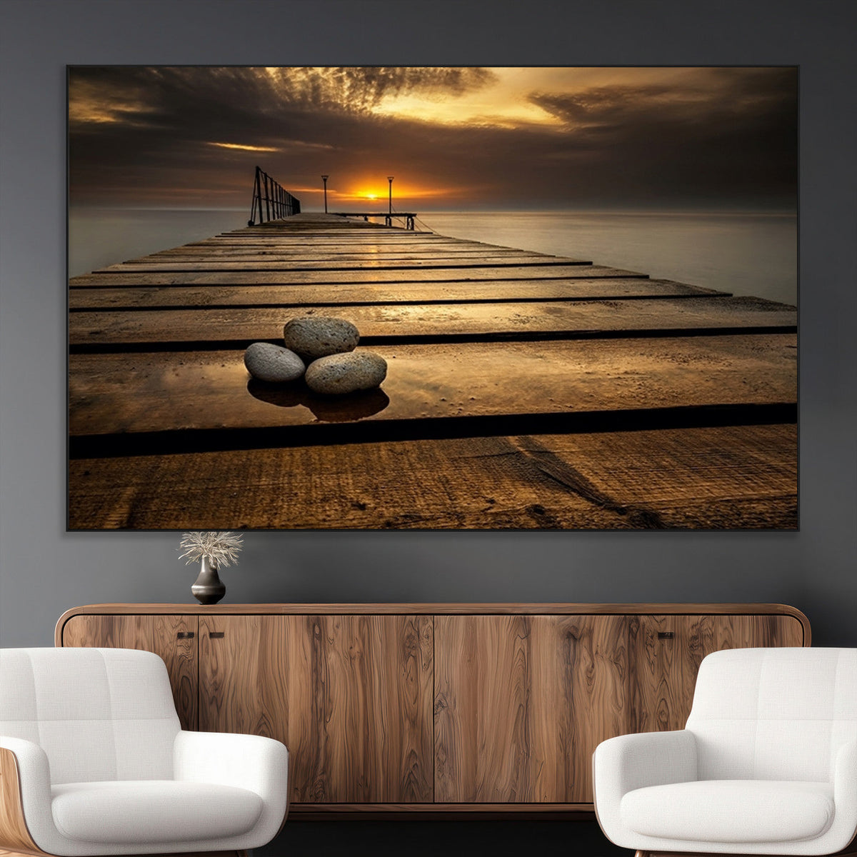 Stones on Wooden Pier at Sunset Canvas Print, Serene Coastal
