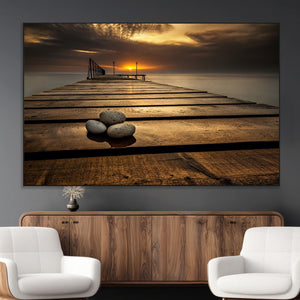 Stones on Wooden Pier at Sunset Canvas Print, Serene Coastal