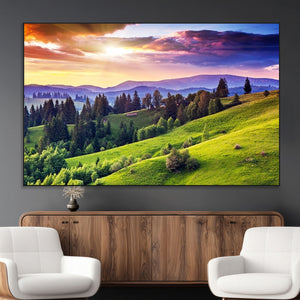 Green Hills and Sunset Wall Art Print - Scenic Landscape