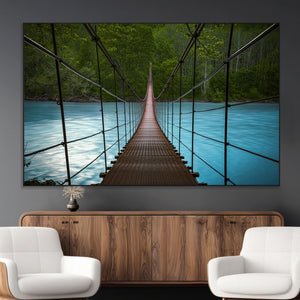 Suspension Bridge Over River Canvas Art | 3-Panel Nature
