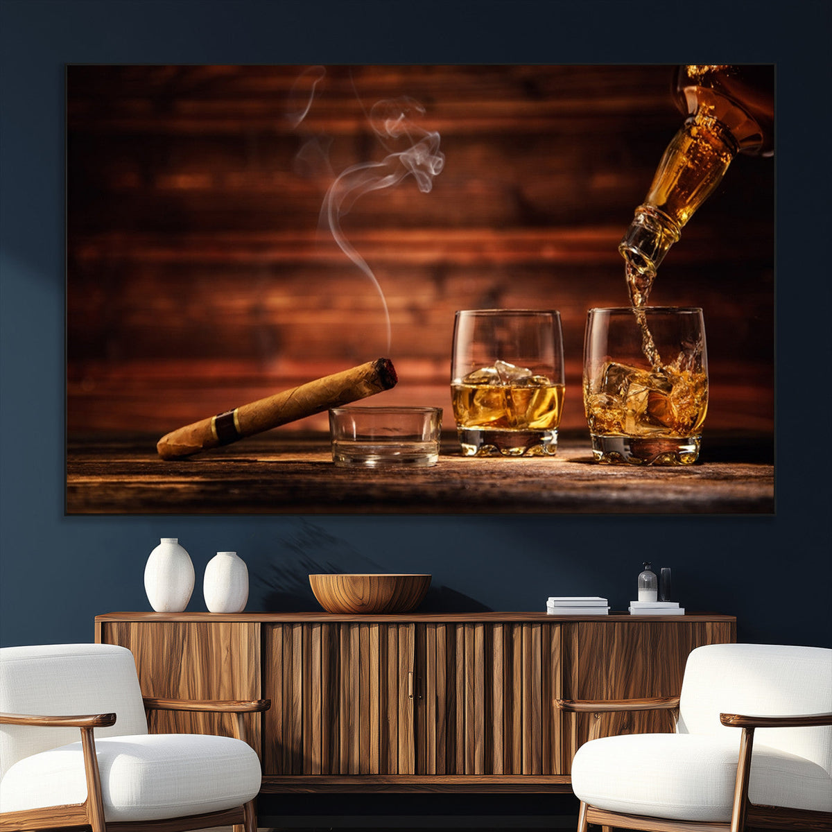 Whiskey and Cigar Wall Art Canvas | 3 Panel Bar Room Decor