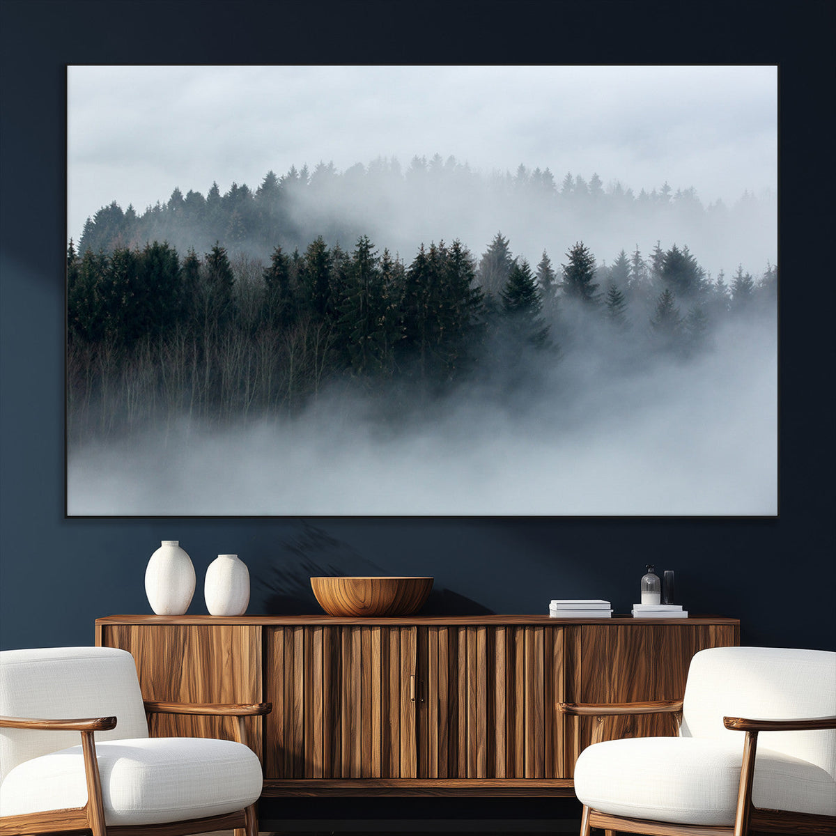 Autumn and Misty Trees in the Forest Wall Art Canvas Print,