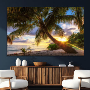 Tropical Island Sunset on the Beach Palms Wall Art Canvas