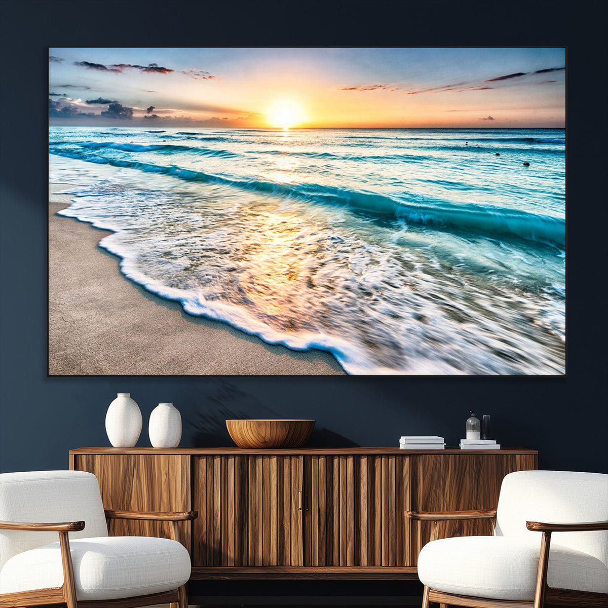 Sunset Beach Waves Canvas Wall Art – 5-Panel Ocean Sunset