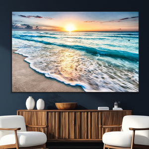 Sunset Beach Waves Canvas Wall Art – 5-Panel Ocean Sunset