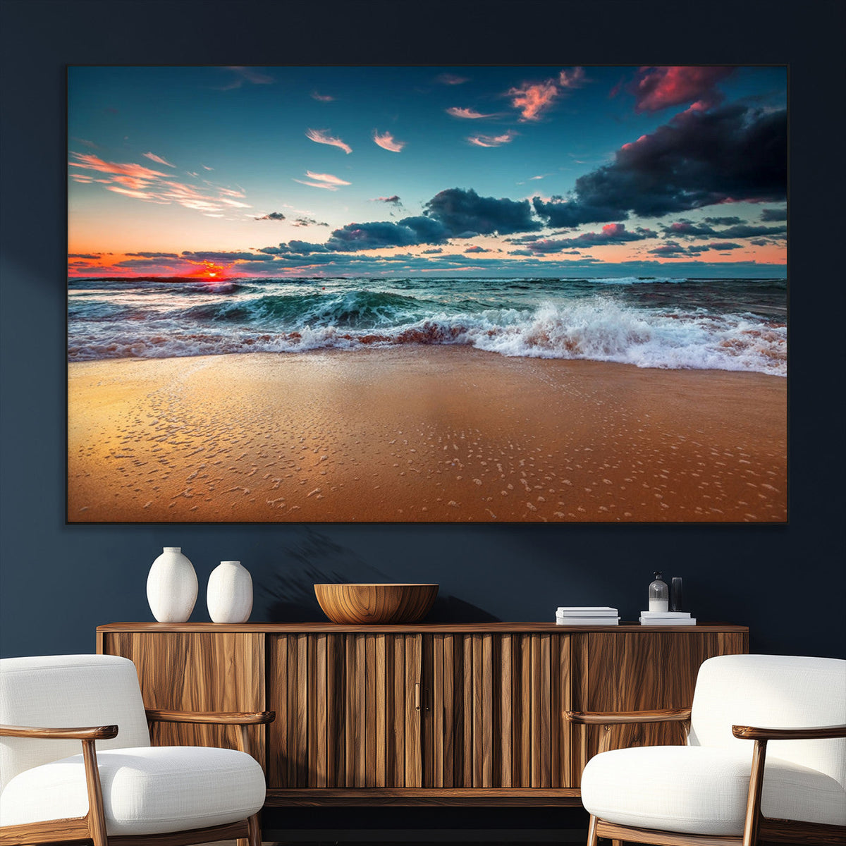Sunset on Beach Wall Art Ocean Beach Canvas Print