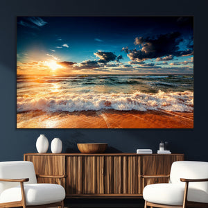 Golden Hour Sunset Over Ocean Waves Wall Art Canvas Print |
