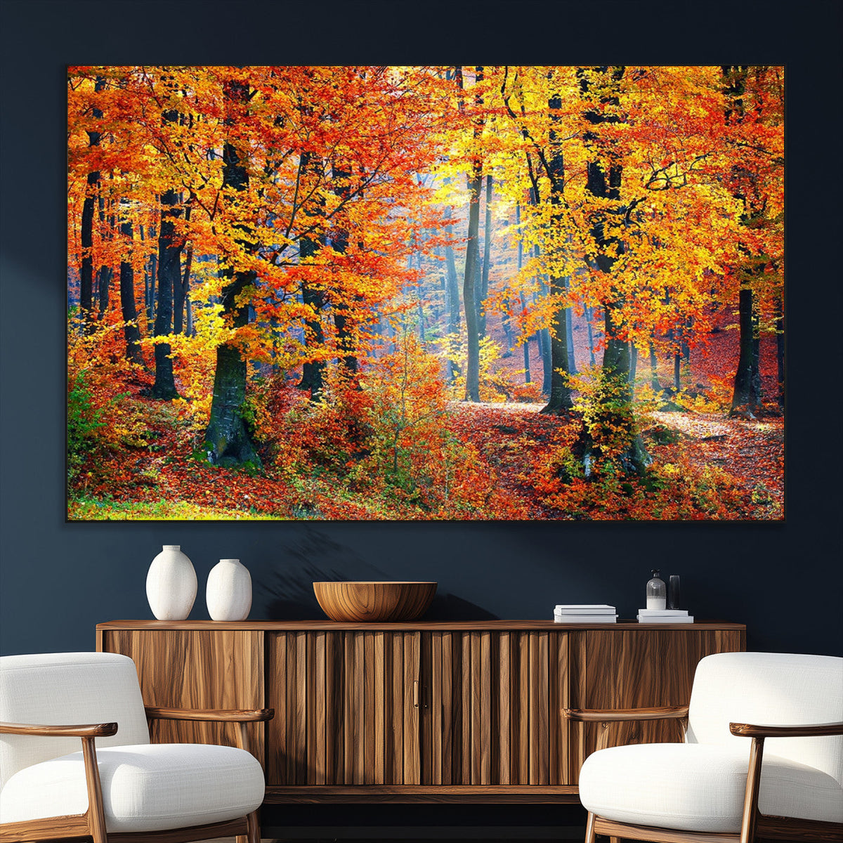 Autumn Red Forest Triptych Canvas Wall Art Print, Forest
