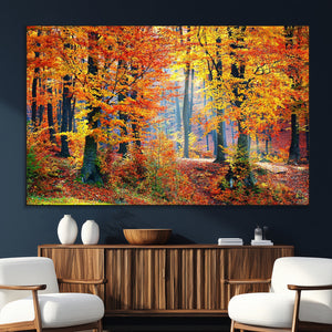 Autumn Red Forest Triptych Canvas Wall Art Print, Forest