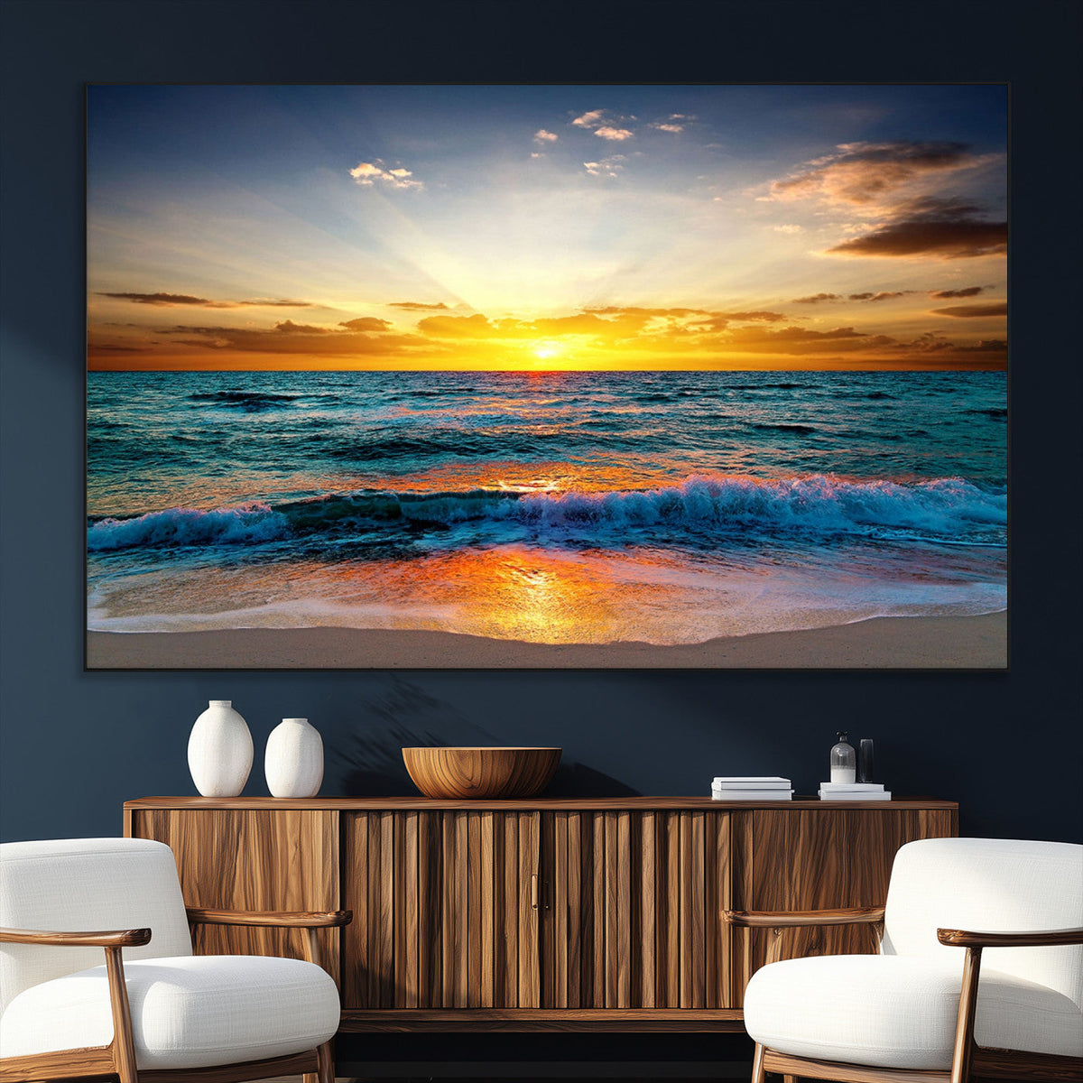 Vibrant Ocean Sunrise Over Golden Beach Waves, Giclee Canvas