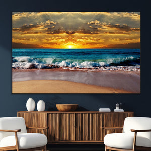Ocean Sunrise Over Golden Beach Waves, Giclee Canvas Wall