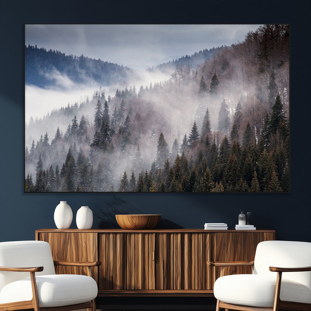 Beautiful Rising Fog in Winter Mountain Landscape- Framed