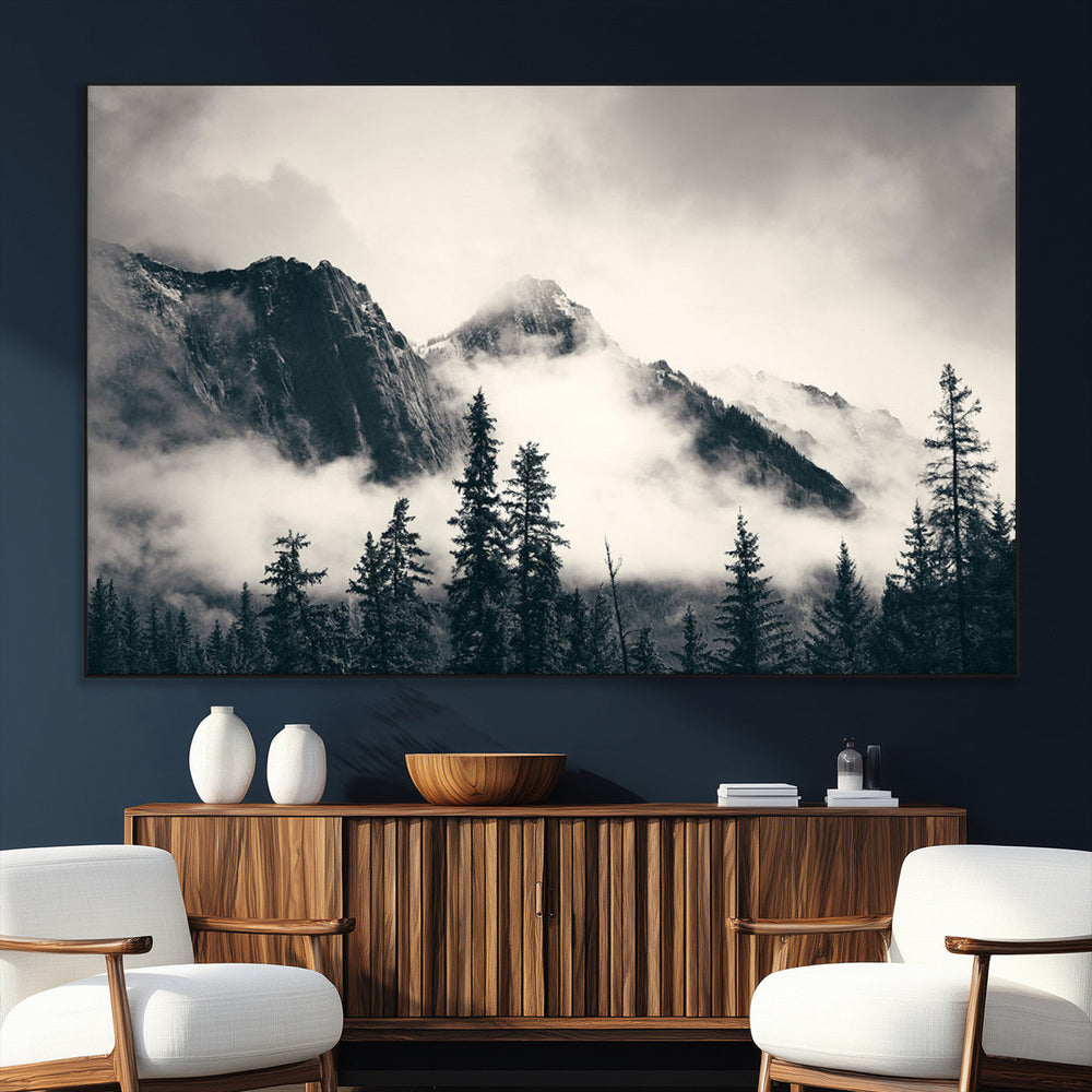 Large Foggy Mountain Forest Wall Art Canvas Print | Misty