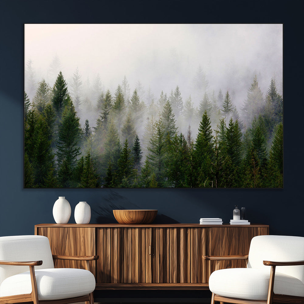 Misty Pine Forest Wall Art Canvas Print | 3 Panel Green