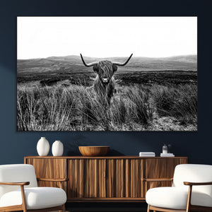 Black and White Highland Cow Canvas Wall Art, Longhorn