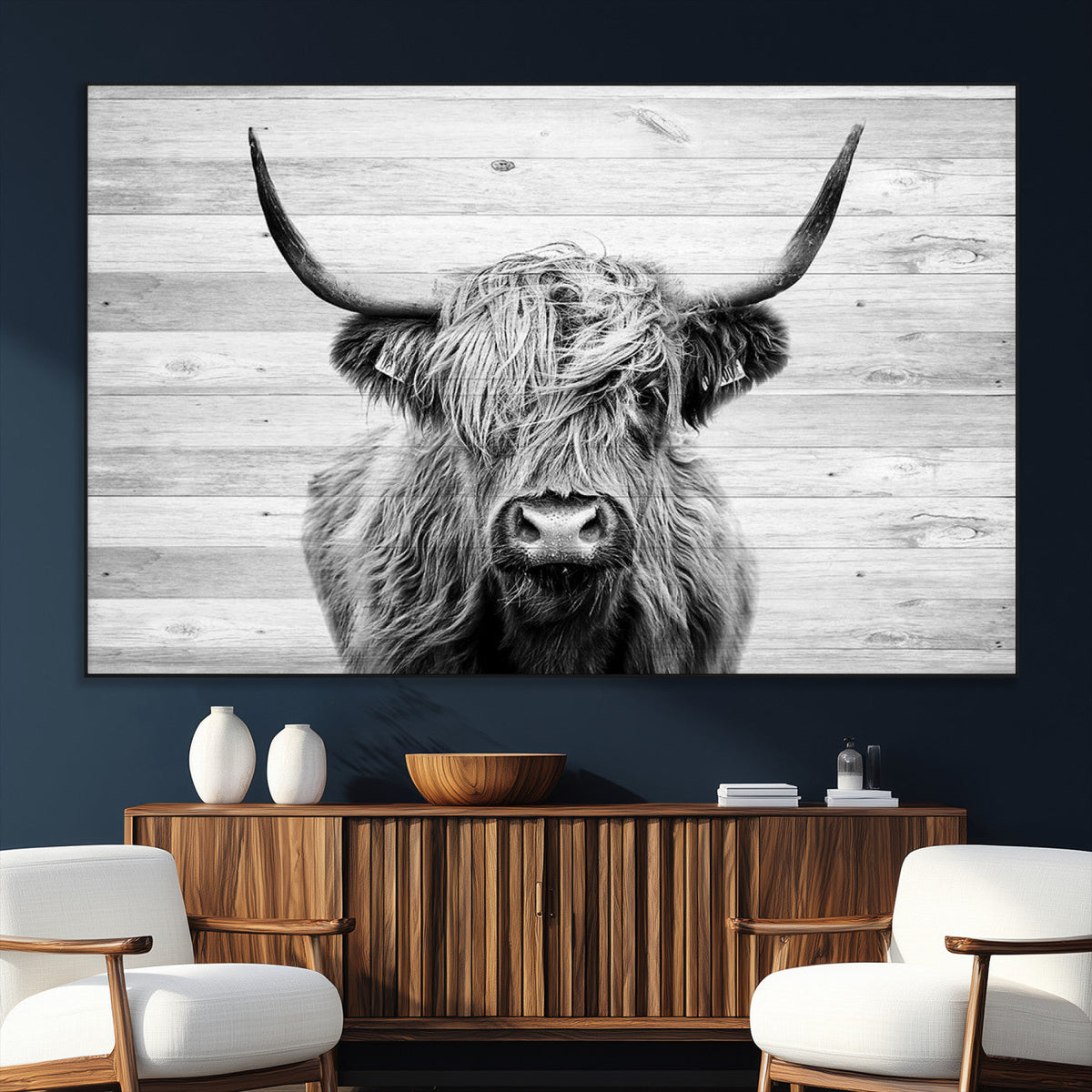 Scottish Highland Cow Cattle Art Print on Wood Background