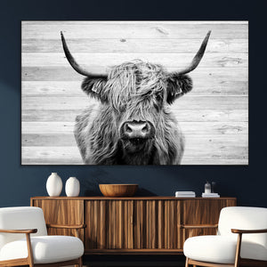 Scottish Highland Cow Cattle Art Print on Wood Background