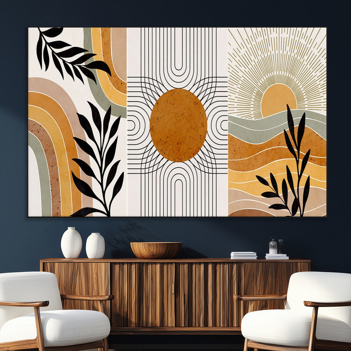 Modern Boho Sun and Leaf Abstract Art – 3-Panel Giclée