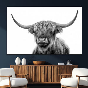 Grayscale Scottish Highland Cow Cattle Art Print Farmhouse