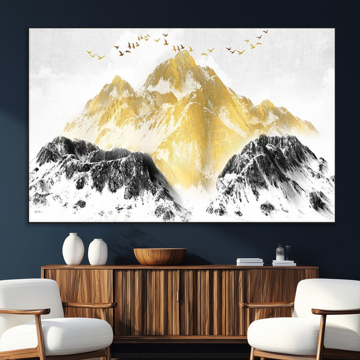 Golden Mountain Triptych Wall Art Canvas Print, Modern