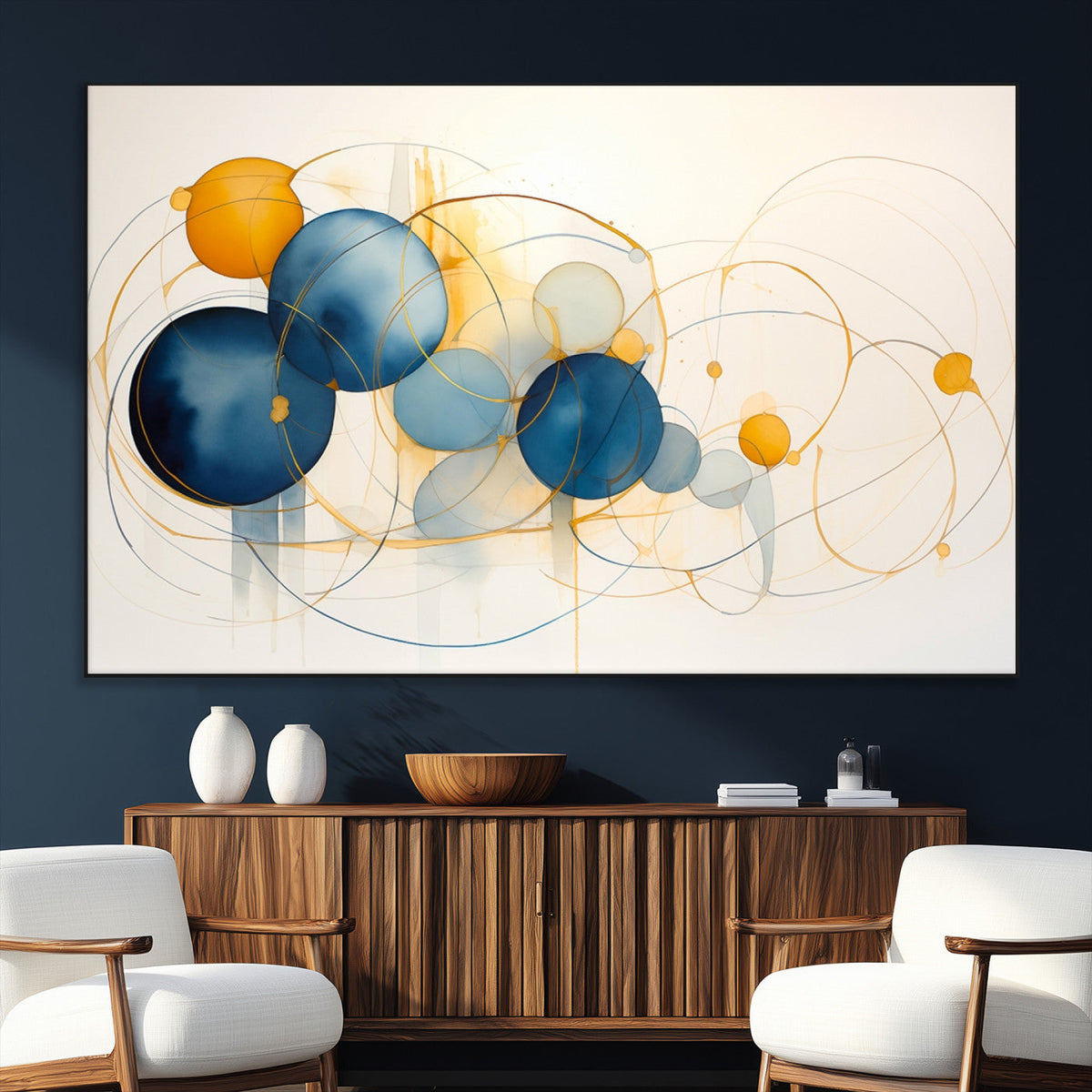Geometric Blue Orange Abstract Wall Art Canvas, Geometric