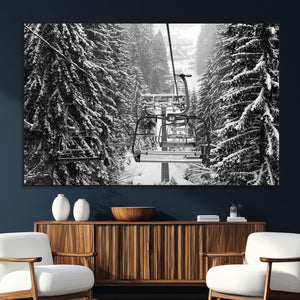 Winter Ski Lift Black and White Canvas Wall Art – Alpine