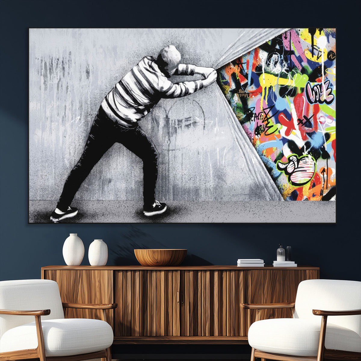 Banksy Art Behind the Curtain Street Wall Art Canvas Print |