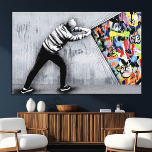 Banksy Art Behind the Curtain Street Wall Art Canvas Print |