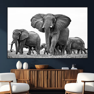 Black White Elephant Family Wall Art Canvas Print