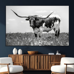 Texas Black White Highland Longhorn Cow Wall Art Canvas