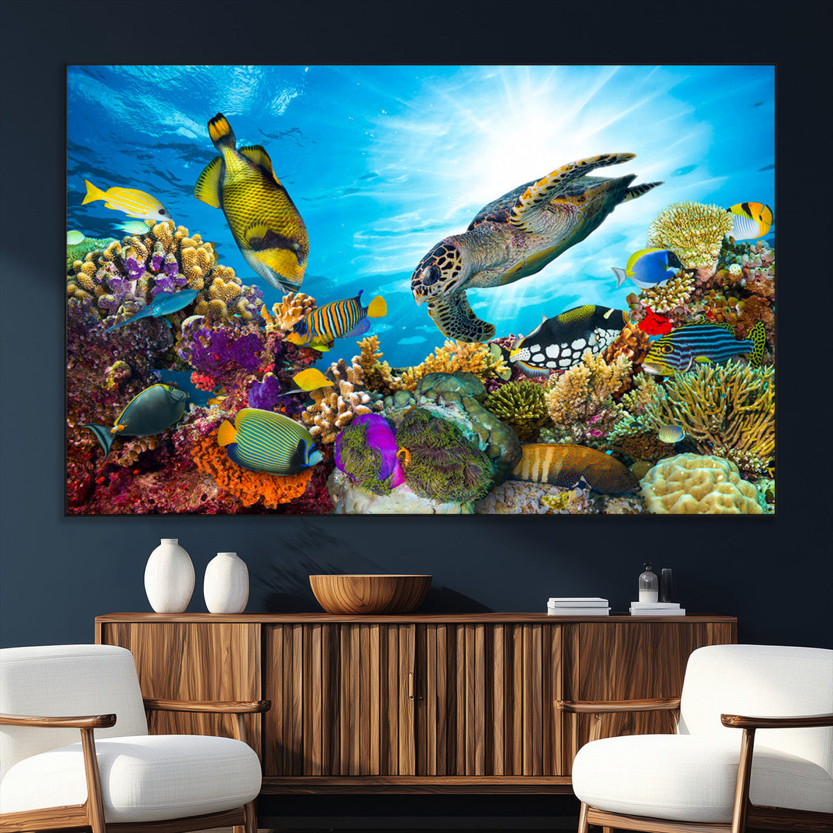 Colorful Coral Reef and Sea Life Turtle Canvas Print,