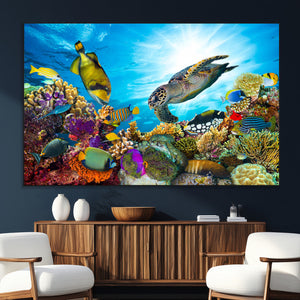 Colorful Coral Reef and Sea Life Turtle Canvas Print,