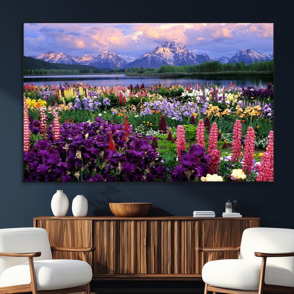 Vibrant Wildflower Garden and Mountain View Giclee Canvas