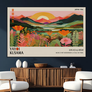 Framed Yayoi Kusama Print, Vibrant Floral Mountain Art