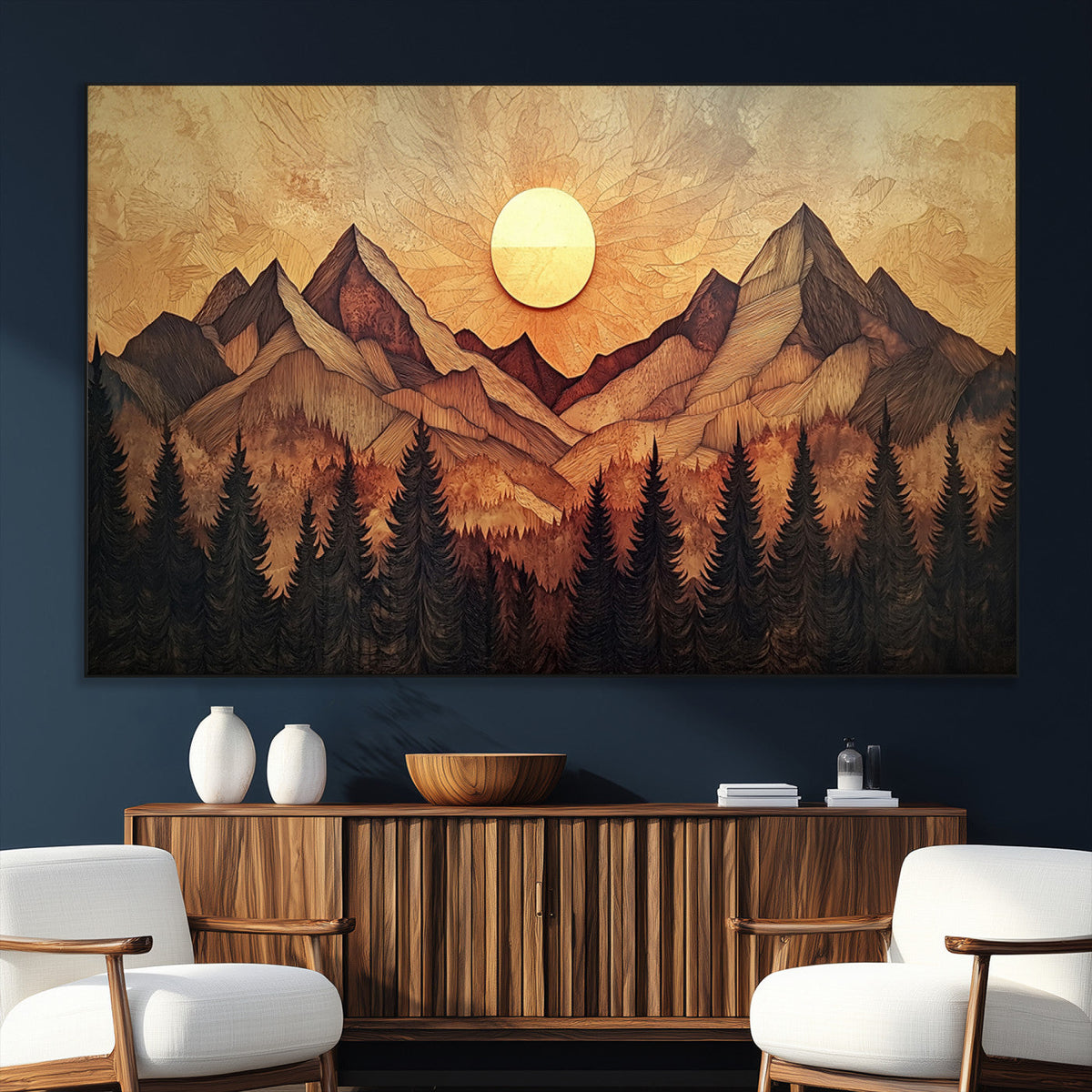 Wood Style Abstract Mountain Sunset Canvas Wall Art Print -