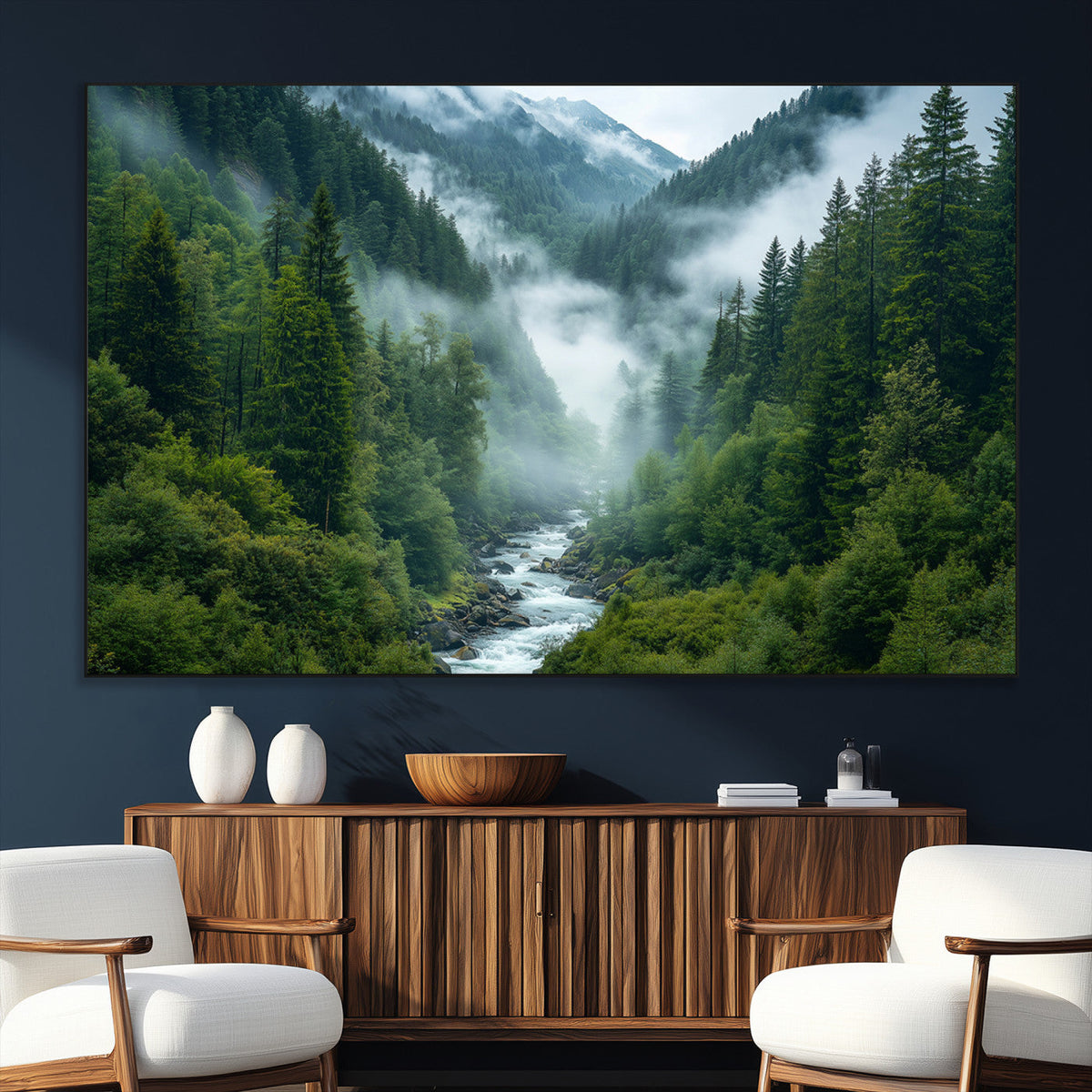 Mountain Forest River Canvas Wall Art Print - Serene Nature