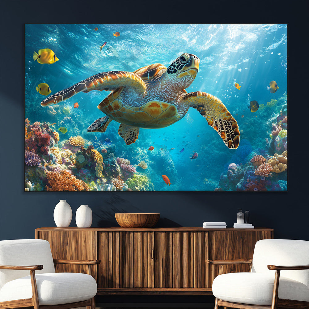 Sea Turtle Underwater Canvas Wall Art Print - Vibrant Ocean