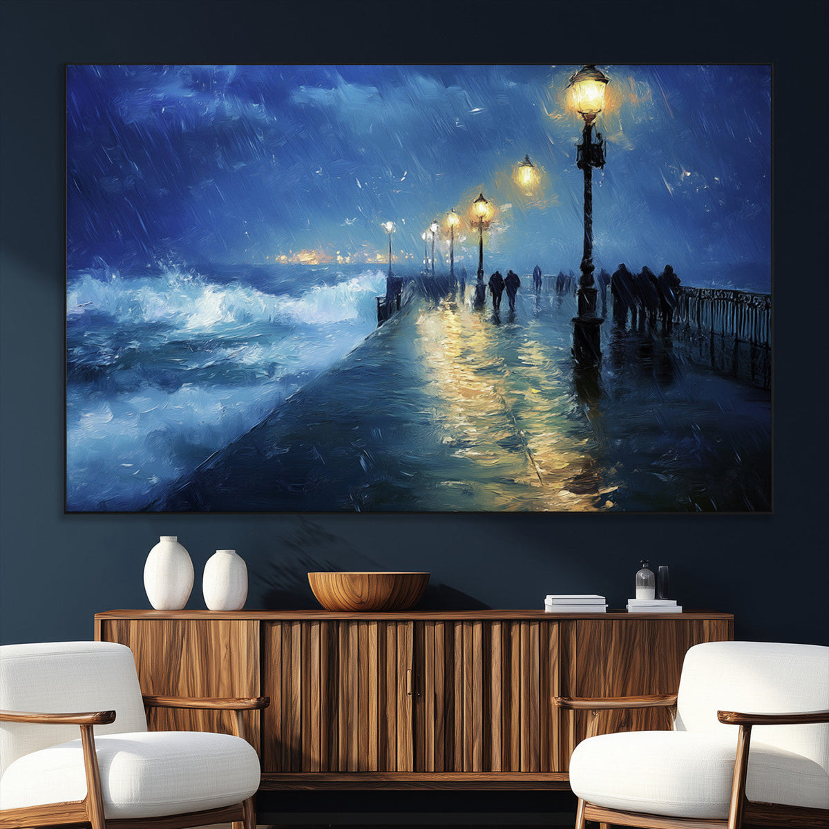 Storm Ocean Pier Canvas Wall Art Print - Large Moody Night
