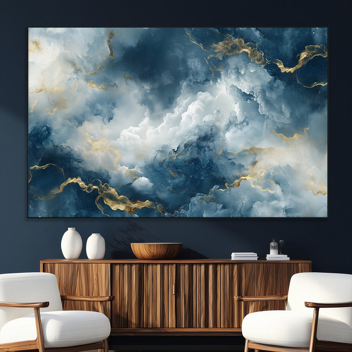 Large Abstract Print - Luxe Blue and Gold Abstract Canvas