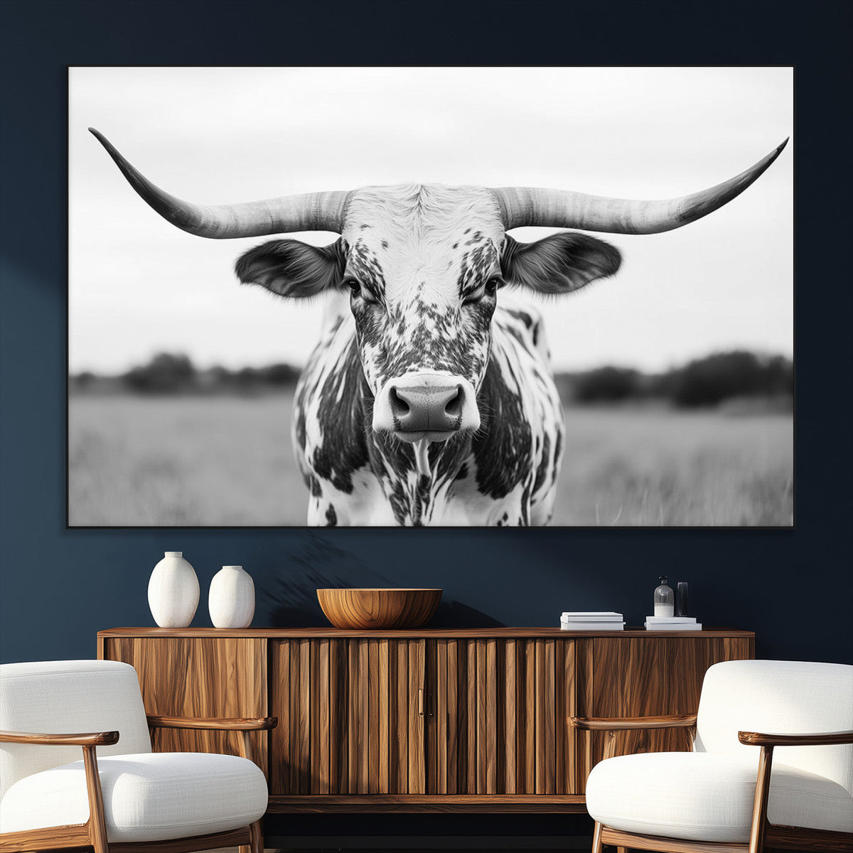 Highland Cow Wall Art Canvas Print – Black and White Western