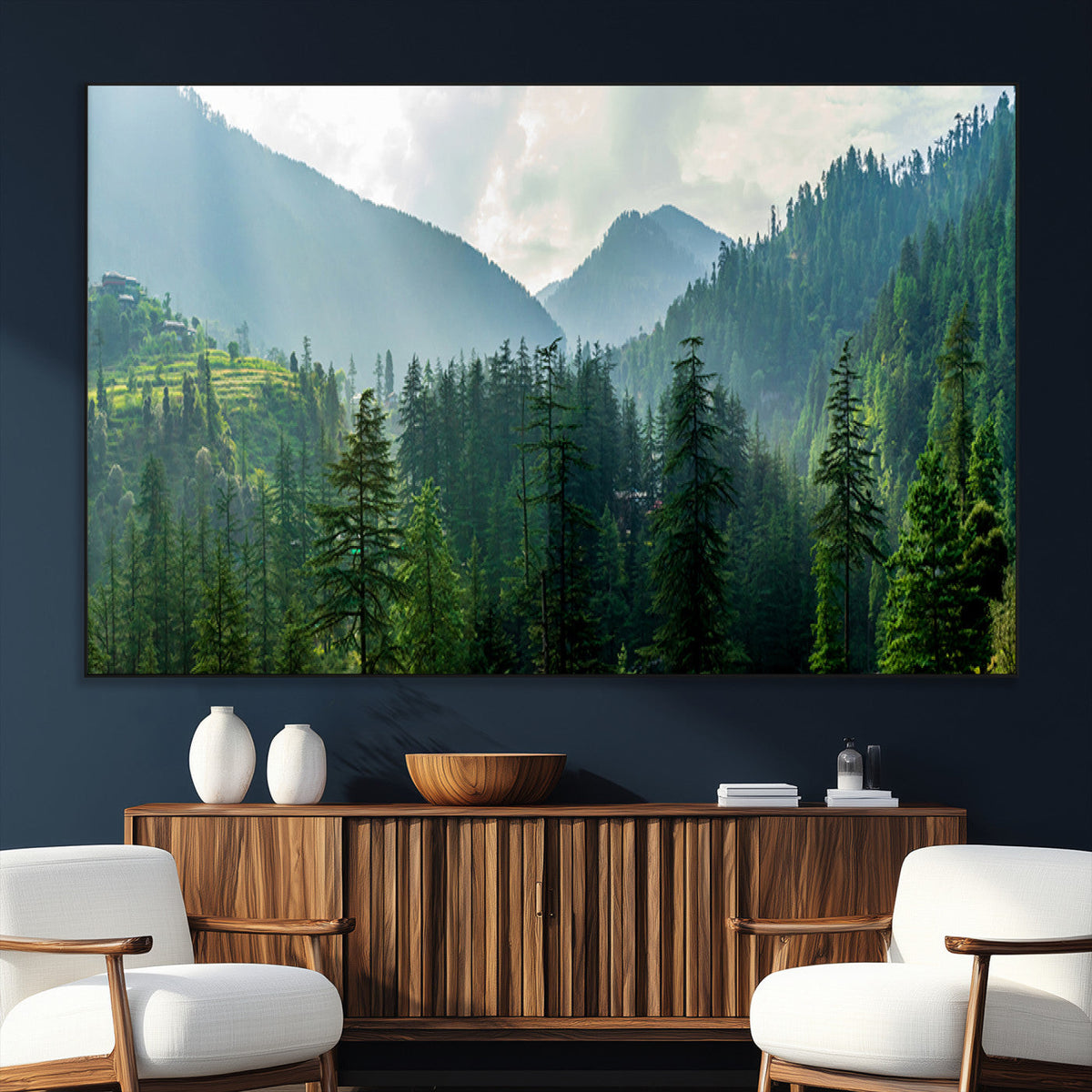 Misty Forest Mountain Wall Art Canvas Print – Framed Serene
