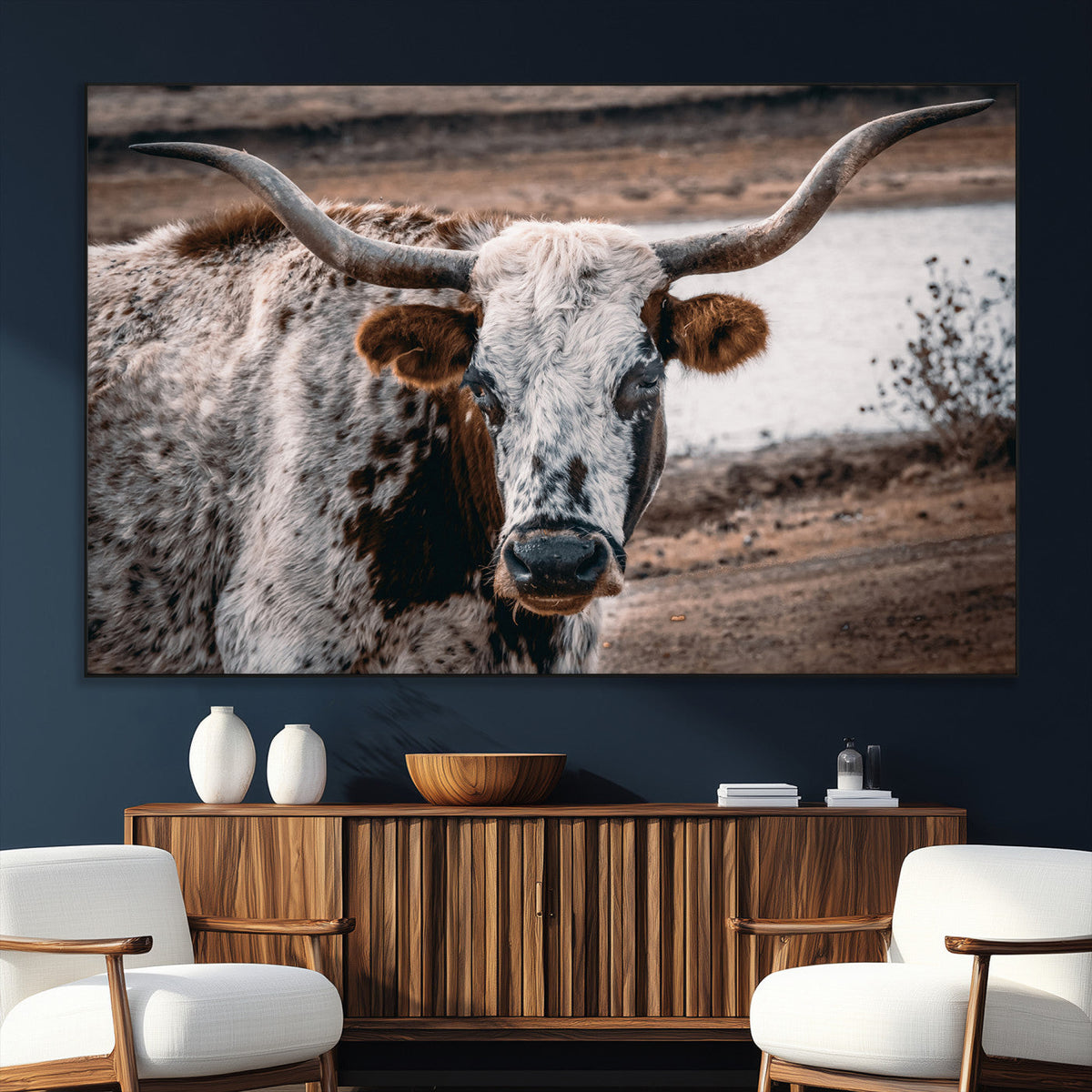 Texas Longhorn Wall Art Canvas Print – Framed Spotted Bull