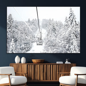 Snowy Ski Lift Wall Art – Framed Winter Mountain Canvas