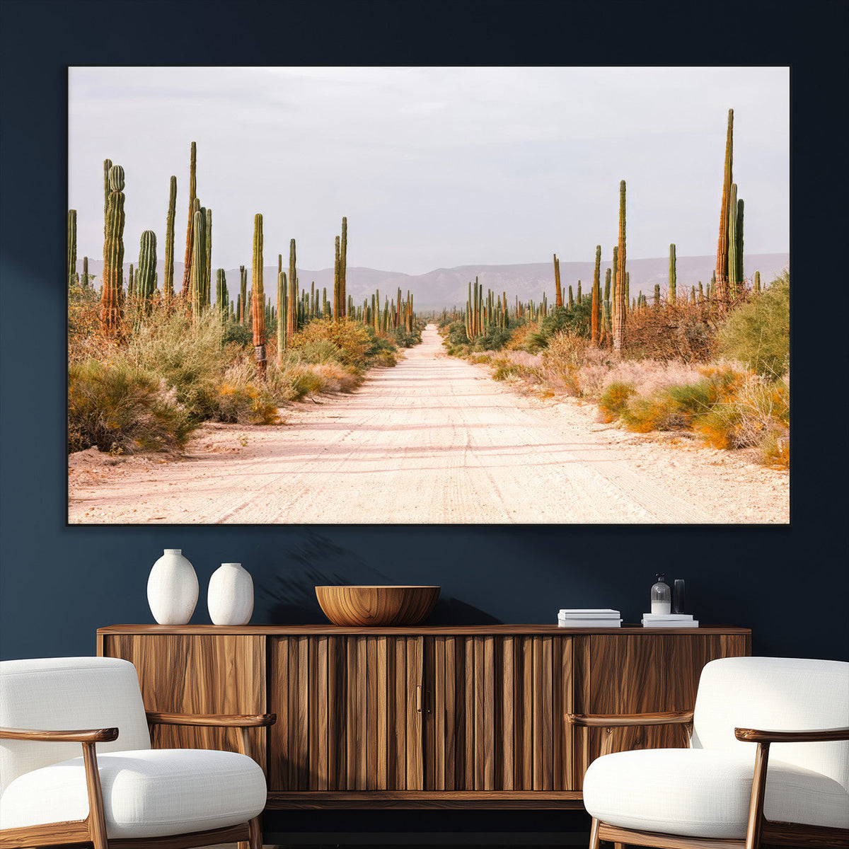 Desert Cactus Lined Road Wall Art Canvas Print – Framed