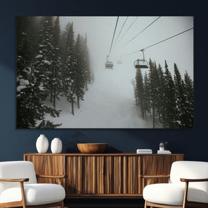 Ski Lift Wall Art Canvas Print – Snowy Pines Misty Landscape