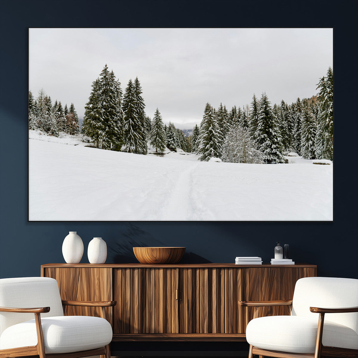 Frosty Pines Wall Art Canvas Print – Framed Silent Snowfall