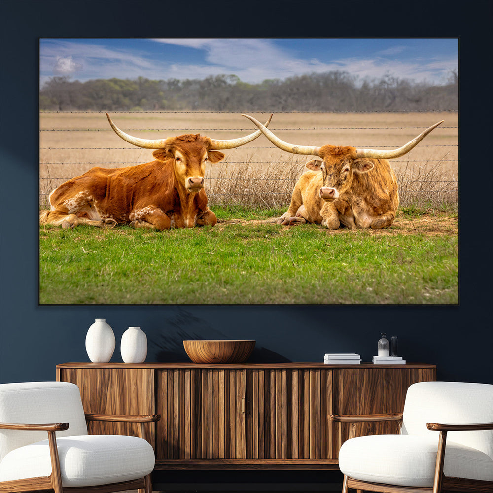 Texas Longhorn Pair Wall Art Canvas Print – Peaceful Rustic