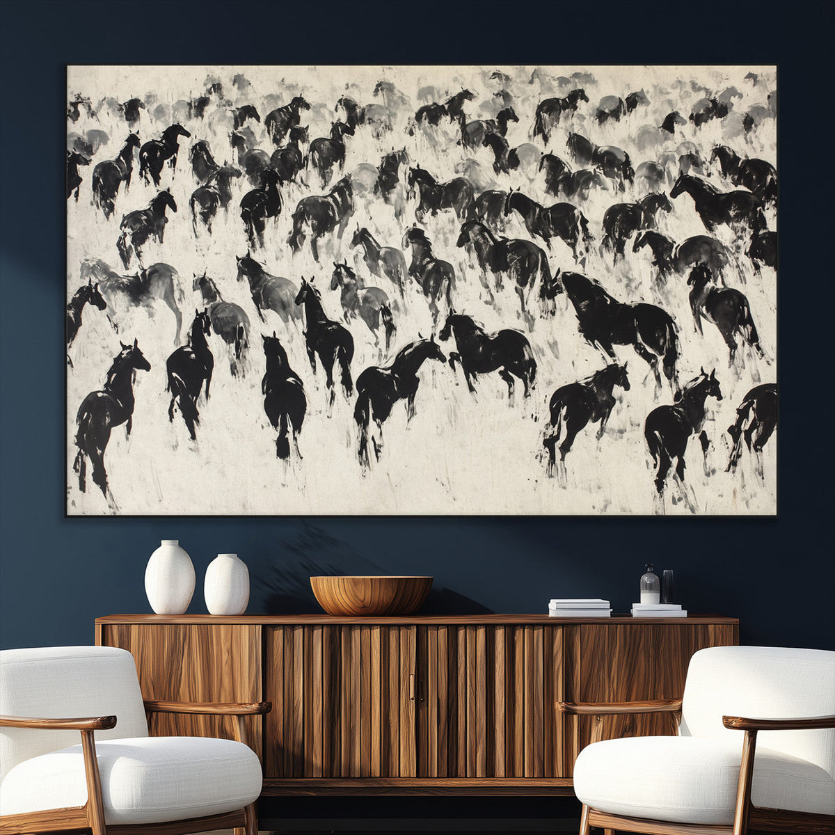 Wild Horse Stampede Wall Art Canvas Print – Monochrome
